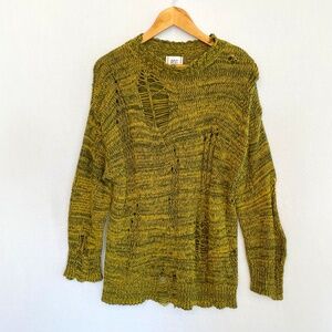 BDG Women's Size XS Distressed Crew Neck Chartreuse Olive Tunic Length Sweater
